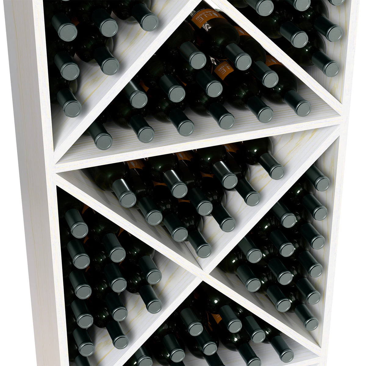 Close-up of white X-cube wine rack cubbies packed with bottles