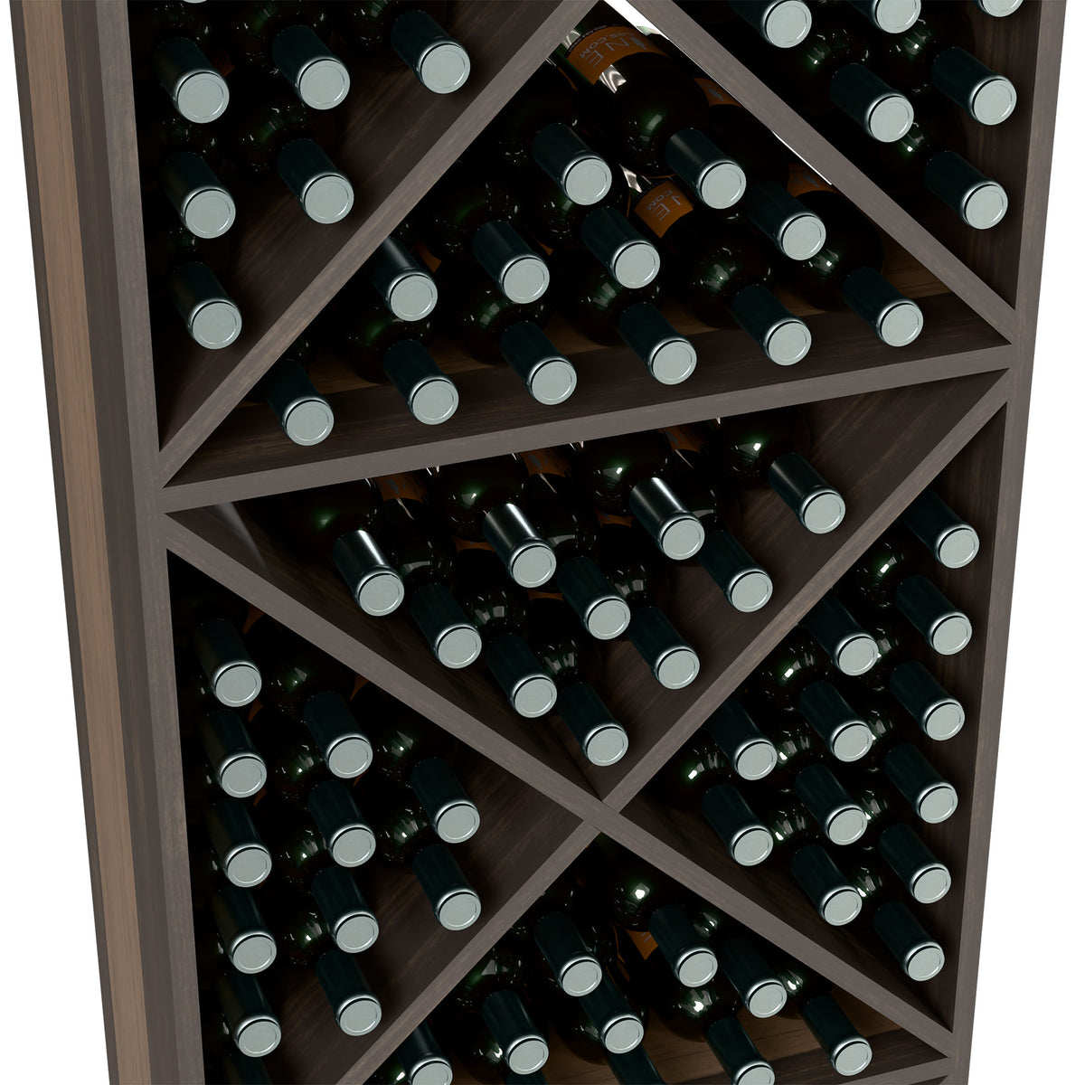 Close-up of wine bottle storage rack with X dividers and dark frame, bottles in cubbies