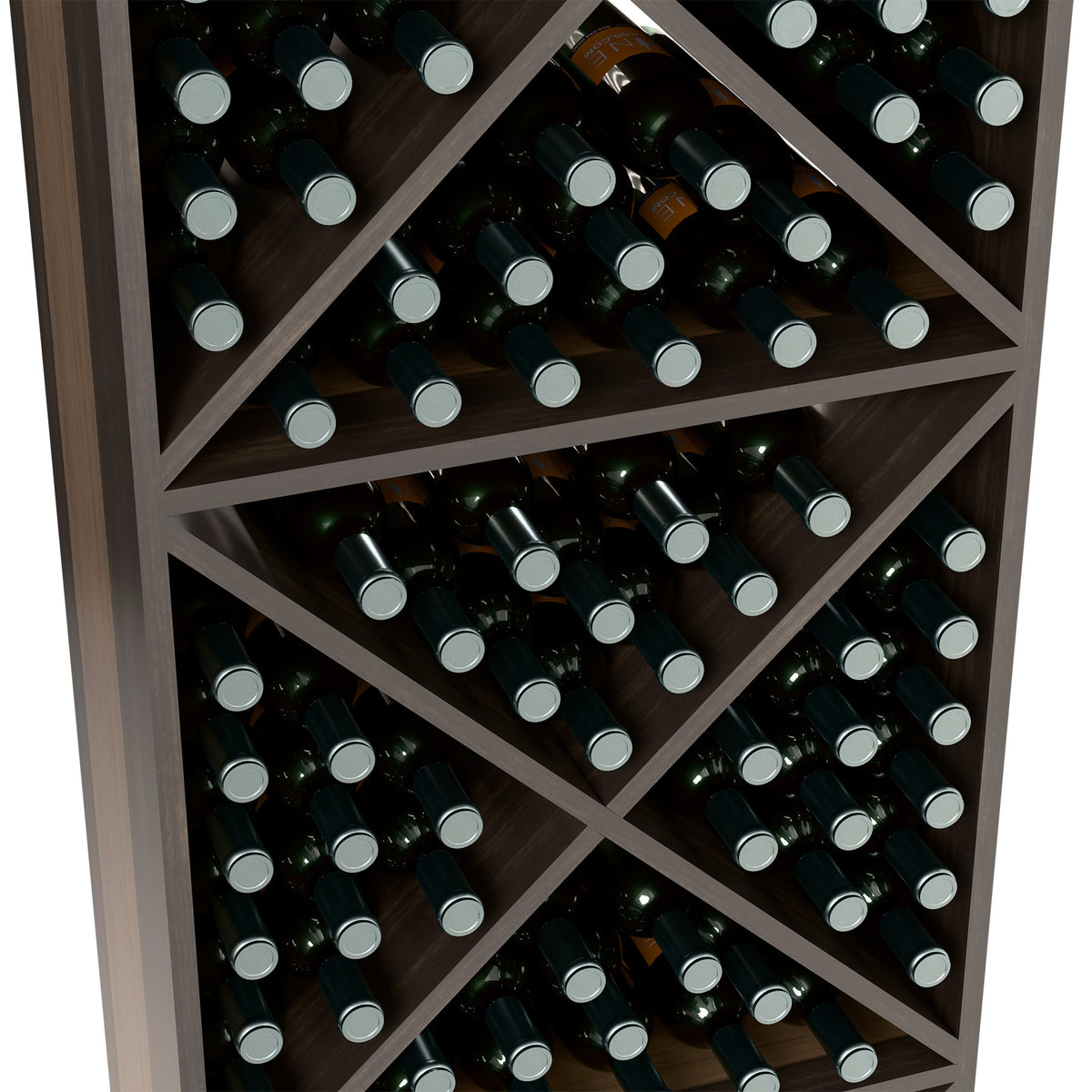 Close-up view of wine bottle storage rack with X dividers, dark frame, many bottles