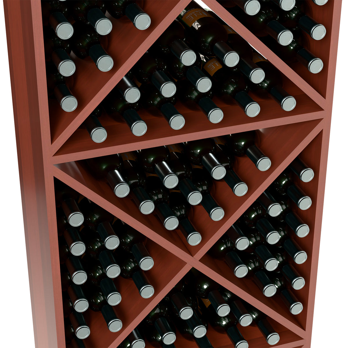 Close-up of wine bottle storage rack with X dividers, reddish-brown frame, bottles inside