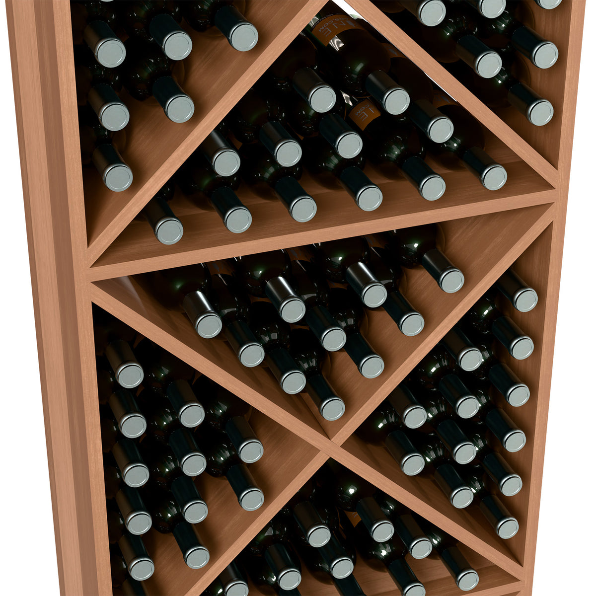 Close-up of wine bottle storage rack with X dividers, light tan frame, bottles in cubbies