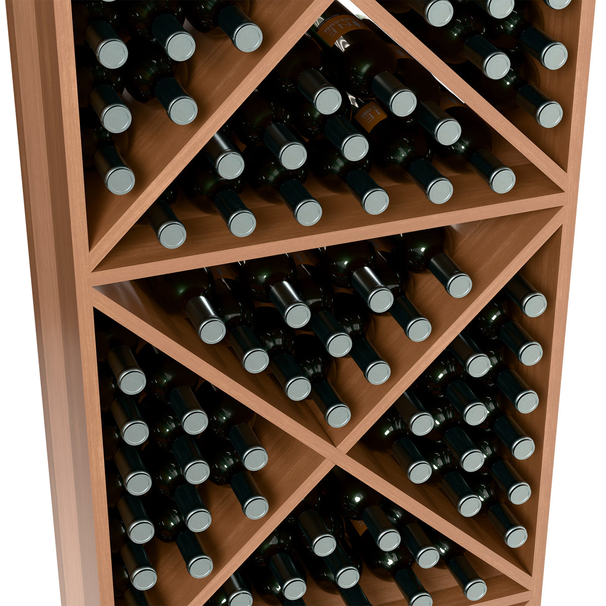 Close-up of X-pattern wine rack shelves with multiple bottles and gray caps