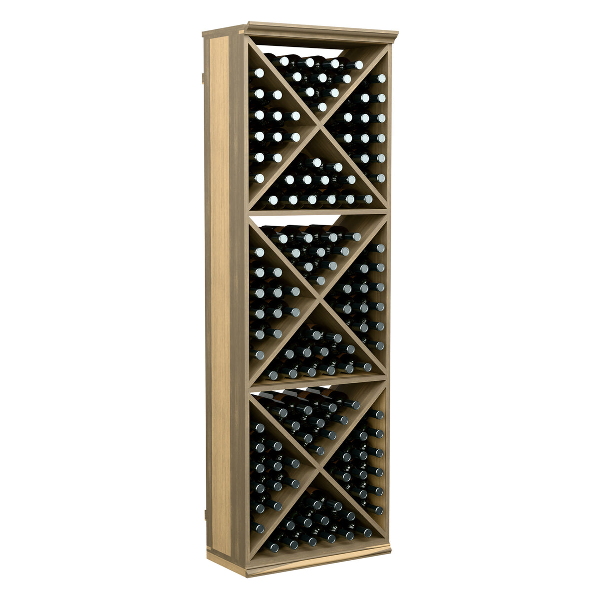 Tall wood wine bottle storage rack with crisscross X shelves and bottle rows