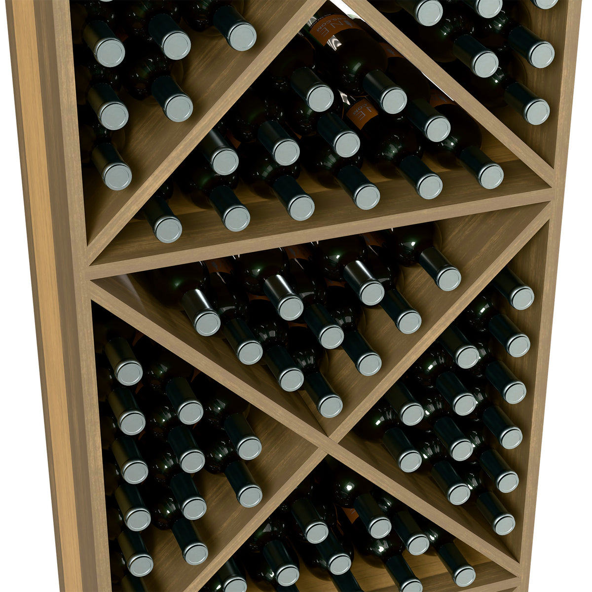 X-shelf wine rack detail with stacked wine bottles and dark green glass