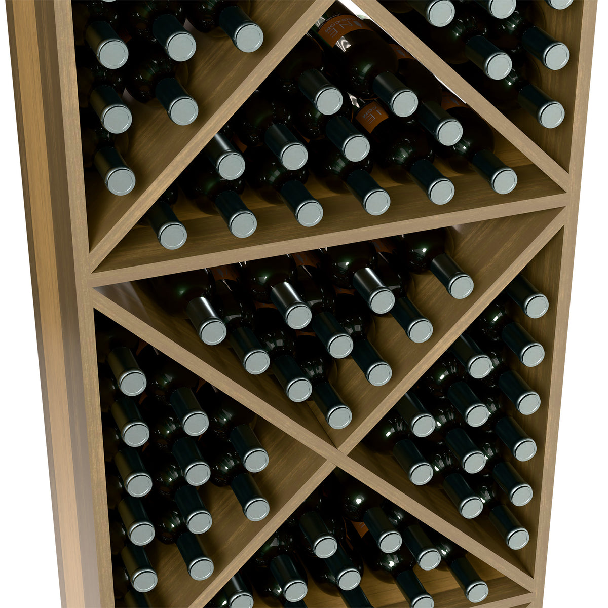 Detail view of wine bottle storage rack with X dividers and gray bottle caps