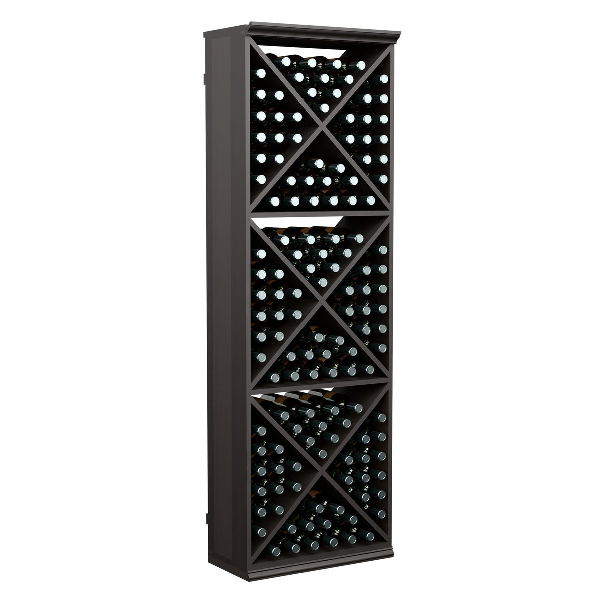 Black wine bottle storage rack with X-pattern shelves holding multiple bottles