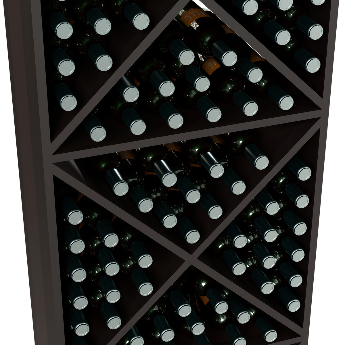 Close-up of black X-shelf wine rack filled with dark bottles and gray caps