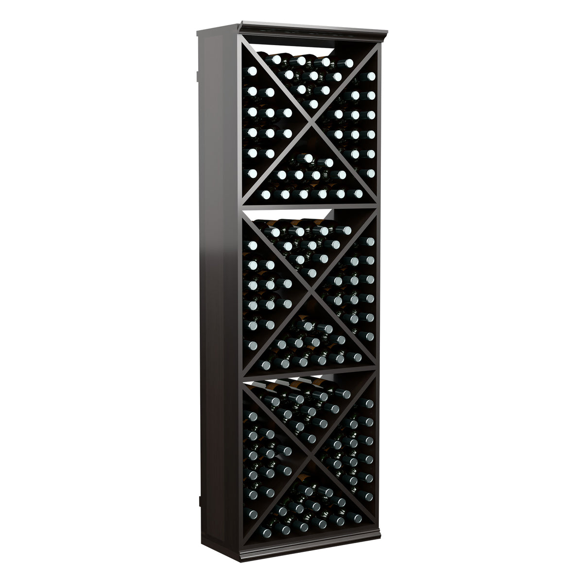 Tall black wine rack with crisscross X shelves and rows of wine bottles