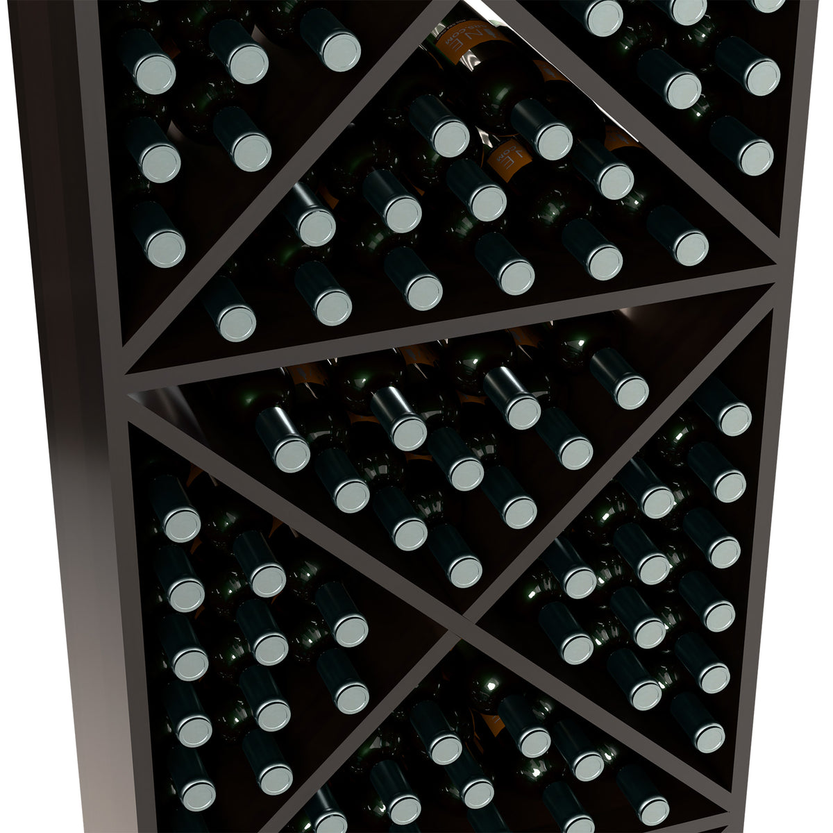 X-pattern wine rack close-up with bottles in diamond shelves and gray caps