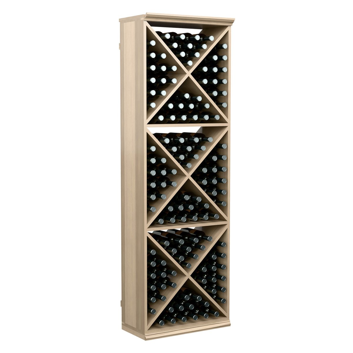 Light wood 6-foot wine storage rack with crisscross bottle shelves