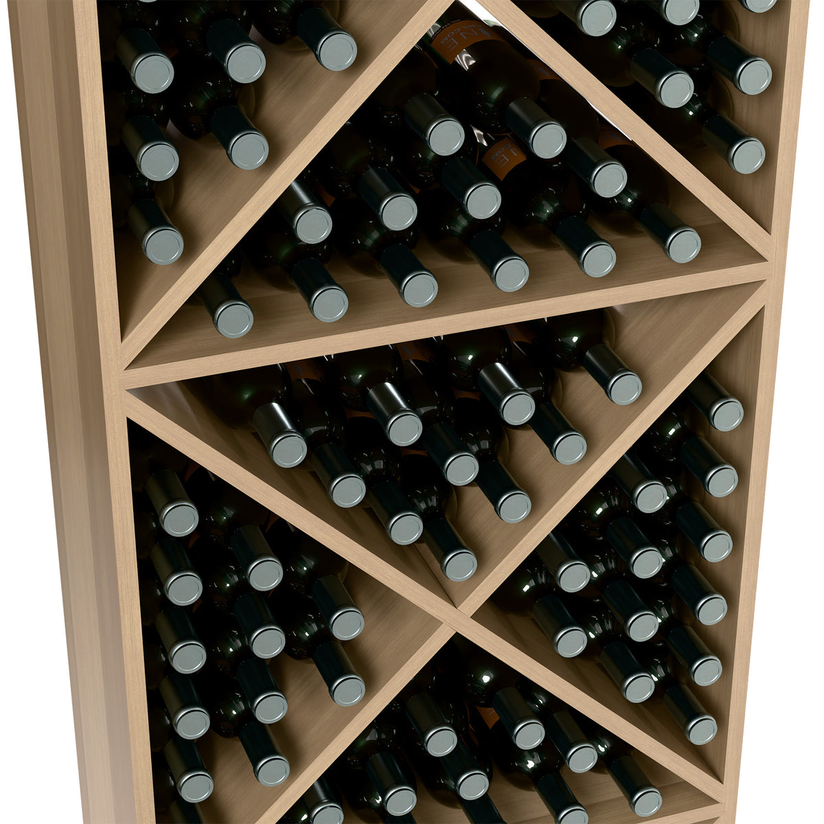 Close-up view of light wood wine rack with bottle-filled crisscross cubbies
