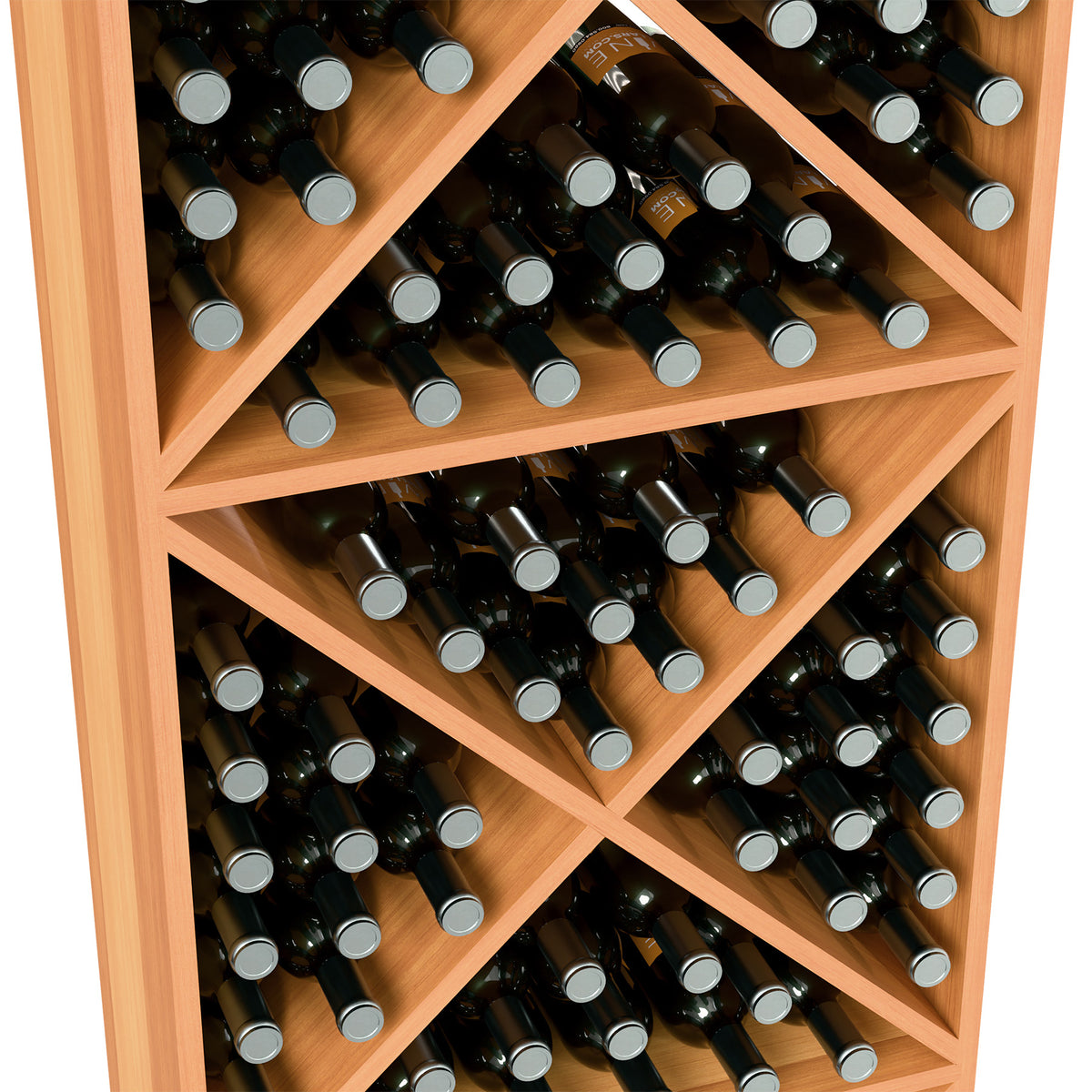 Close-up of red-toned wood wine rack shelves holding bottles in diagonal slots
