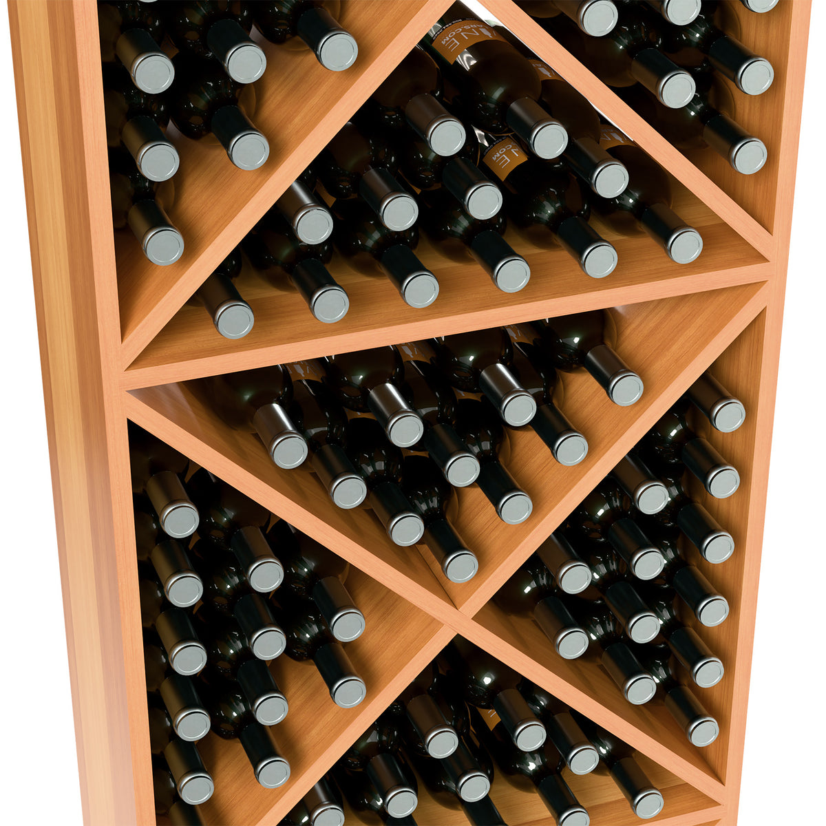 Close-up view of red-toned wood wine rack with bottles in crisscross cubbies
