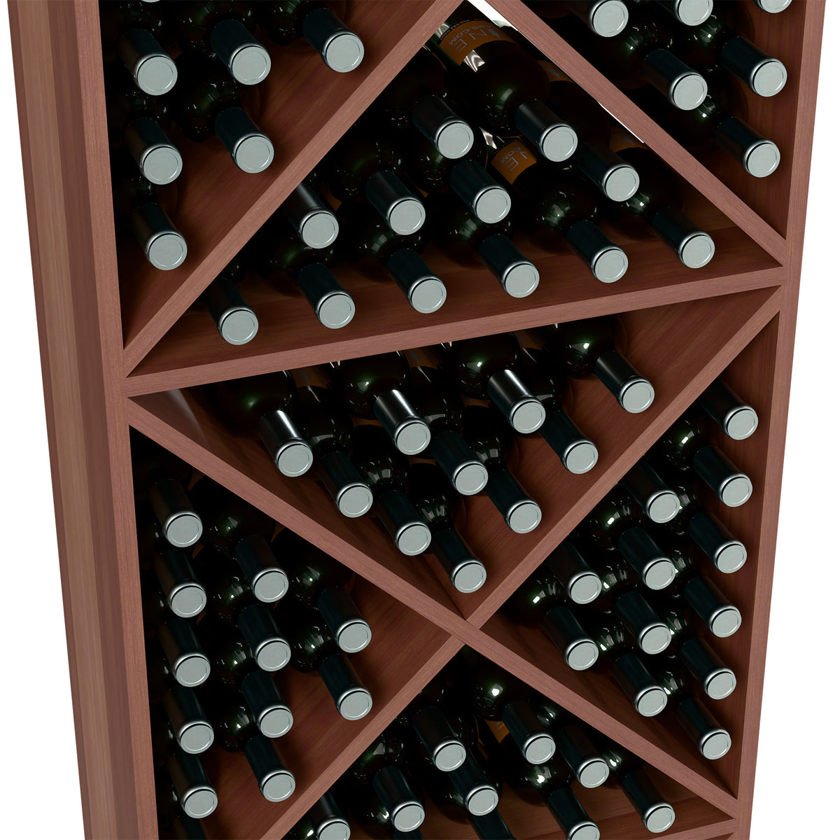 Close-up of medium brown wine rack shelves packed with bottles