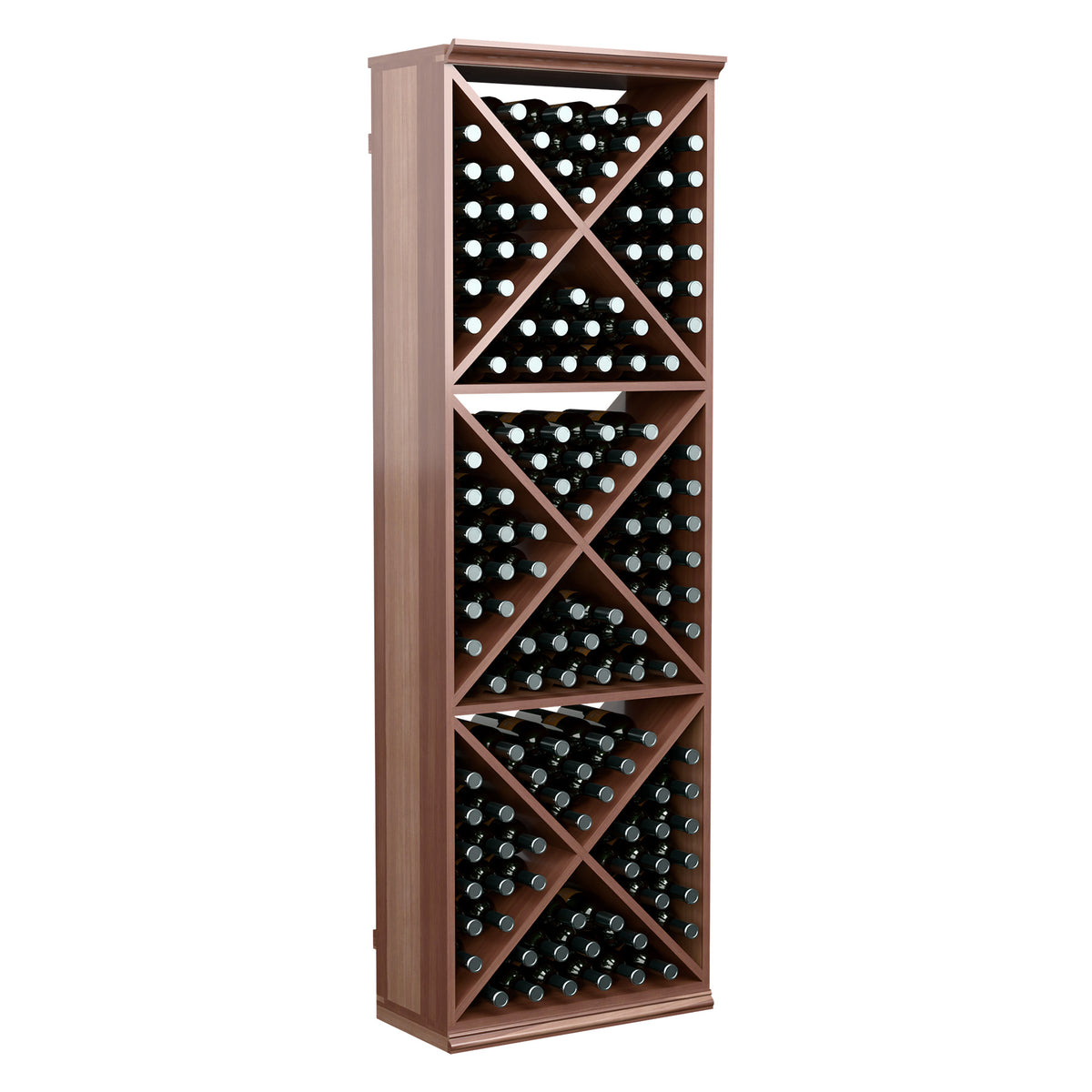 Brown X-cube wine storage rack with diamond-style cubbies holding bottles