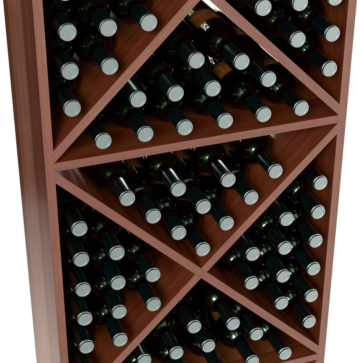 Brown X-cube wine rack close-up showing bottles in crisscross cubbies