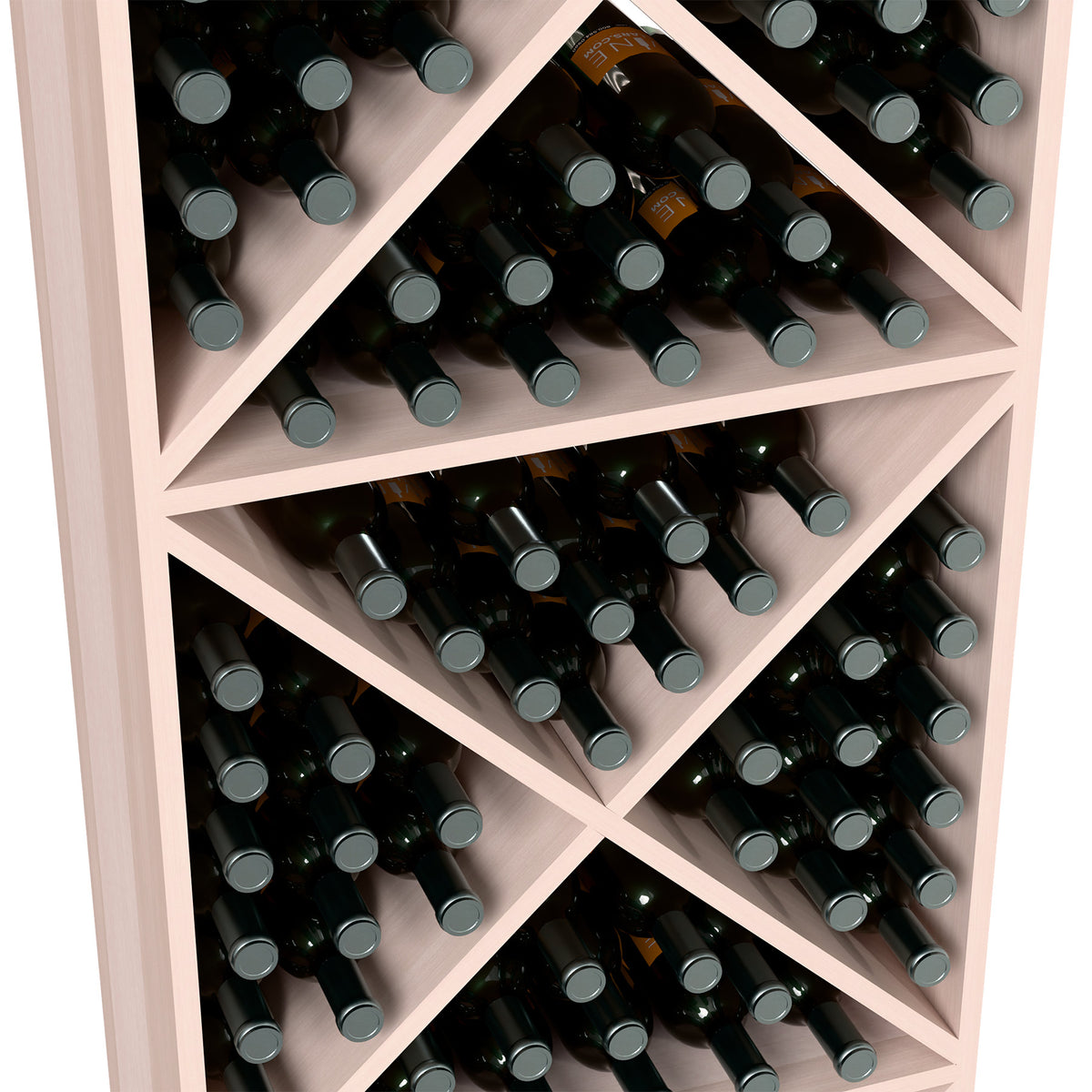 White X-cube wine rack close-up showing bottles in crisscross cubbies