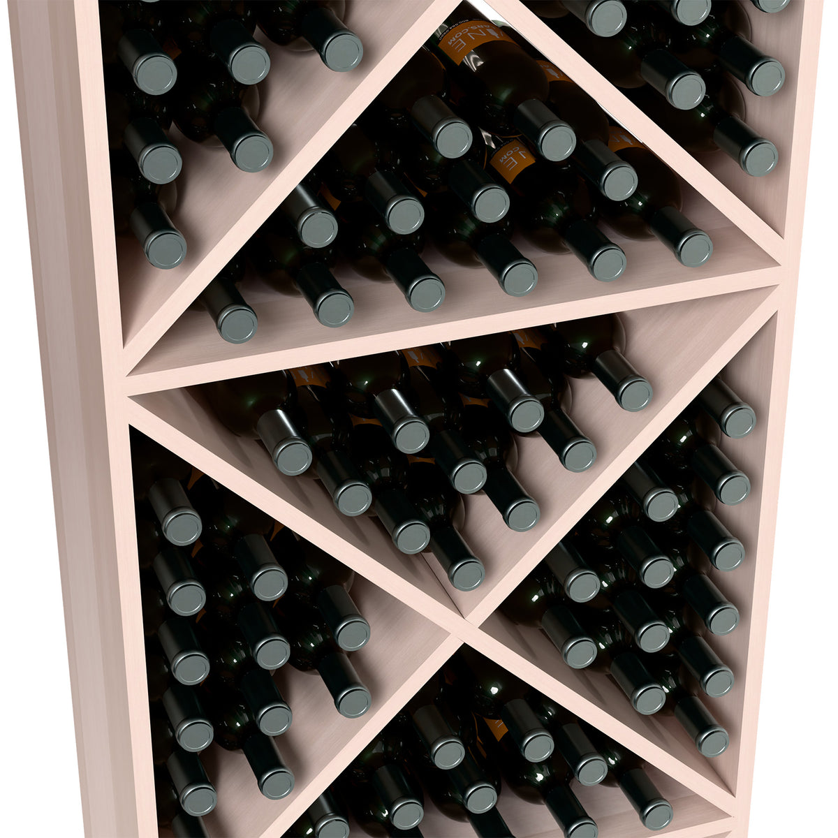 White X-cube wine rack close-up with bottles arranged in diamond cubbies