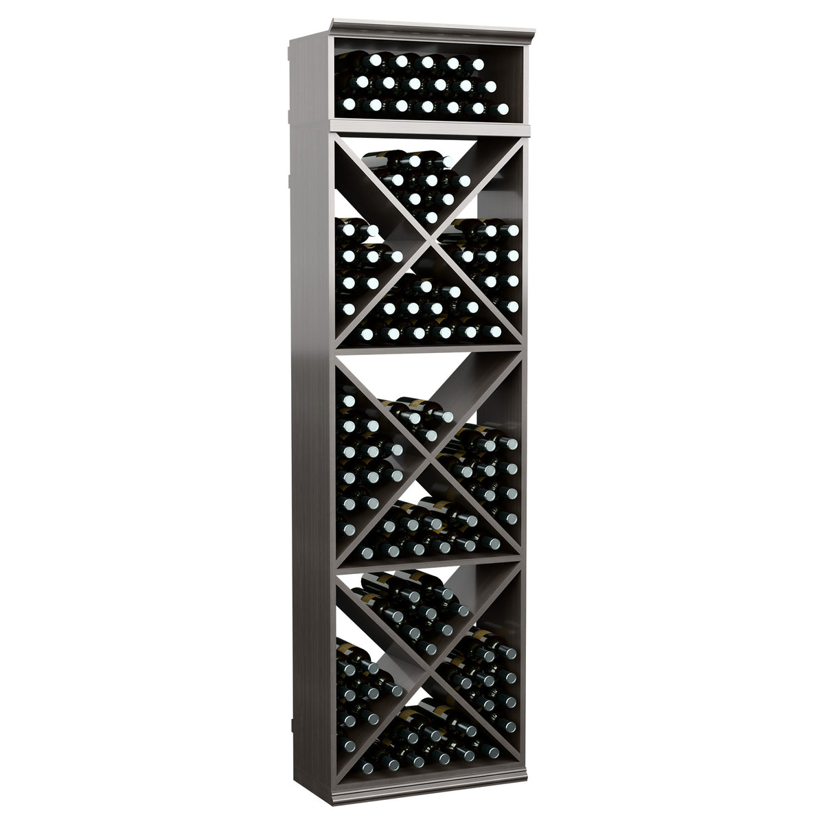 X-cube wine bottle storage rack with diagonal shelves, dark finish, bottle display