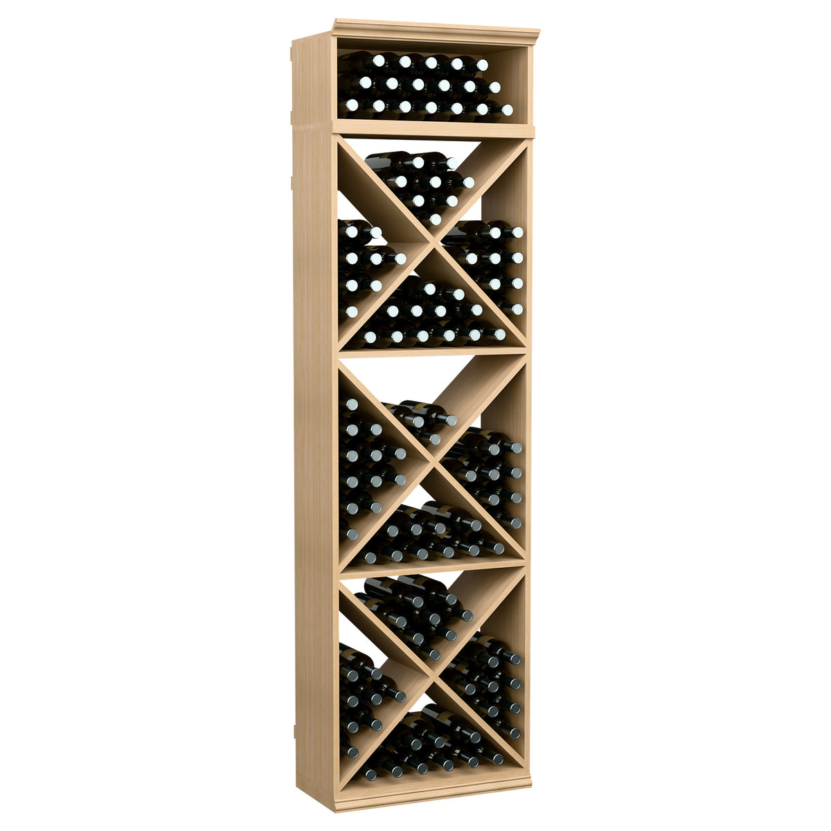 X-cube wine bottle storage rack with diagonal shelves, light wood finish, front view