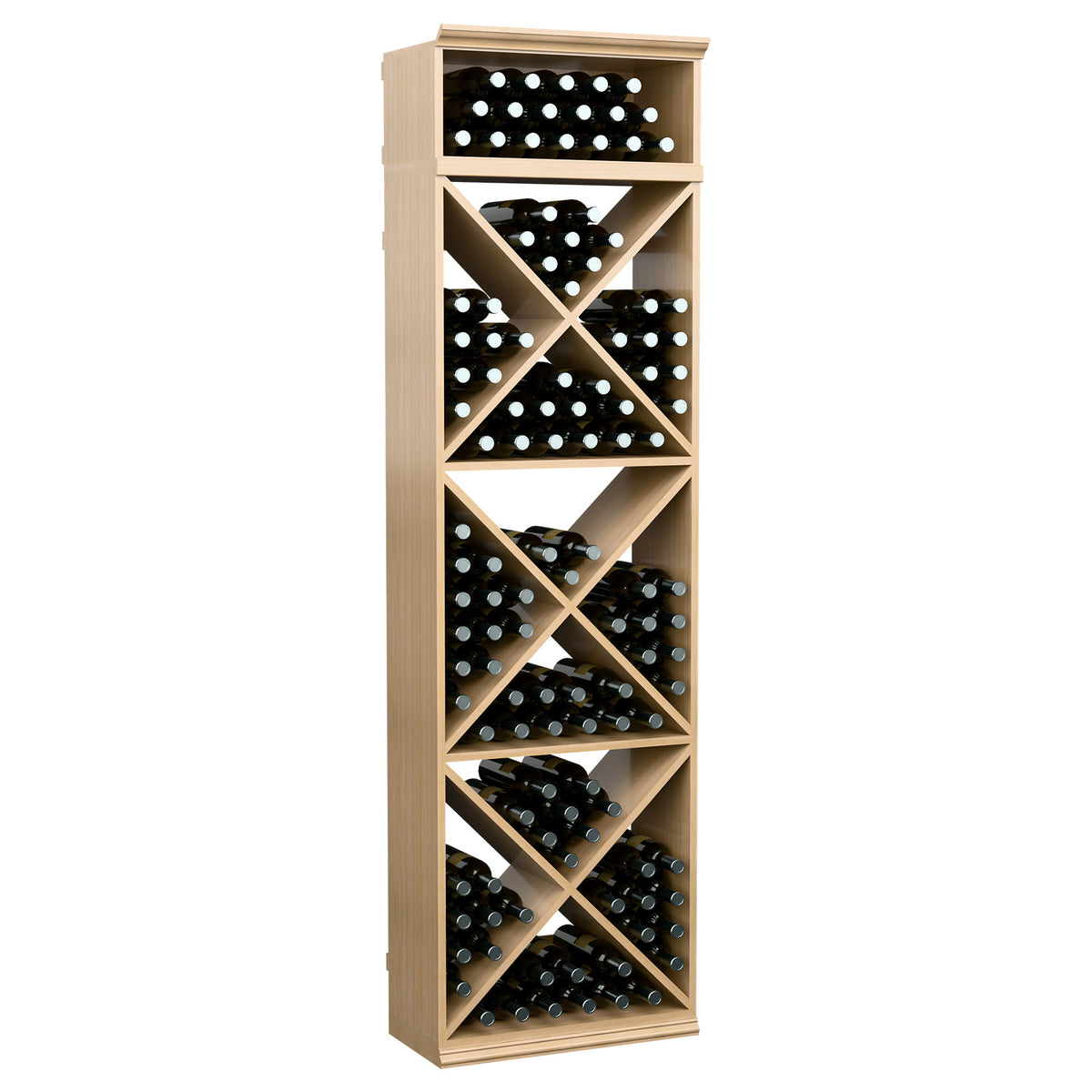 X-cube wine bottle storage rack with diagonal shelves, light wood finish, bottle display