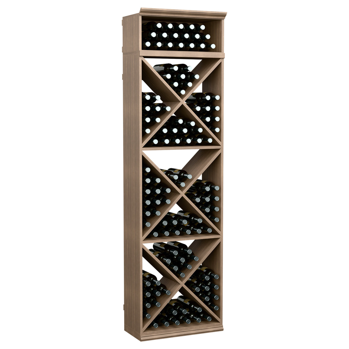 X-cube wine bottle storage rack with diagonal shelves, light wood finish, tall front panel
