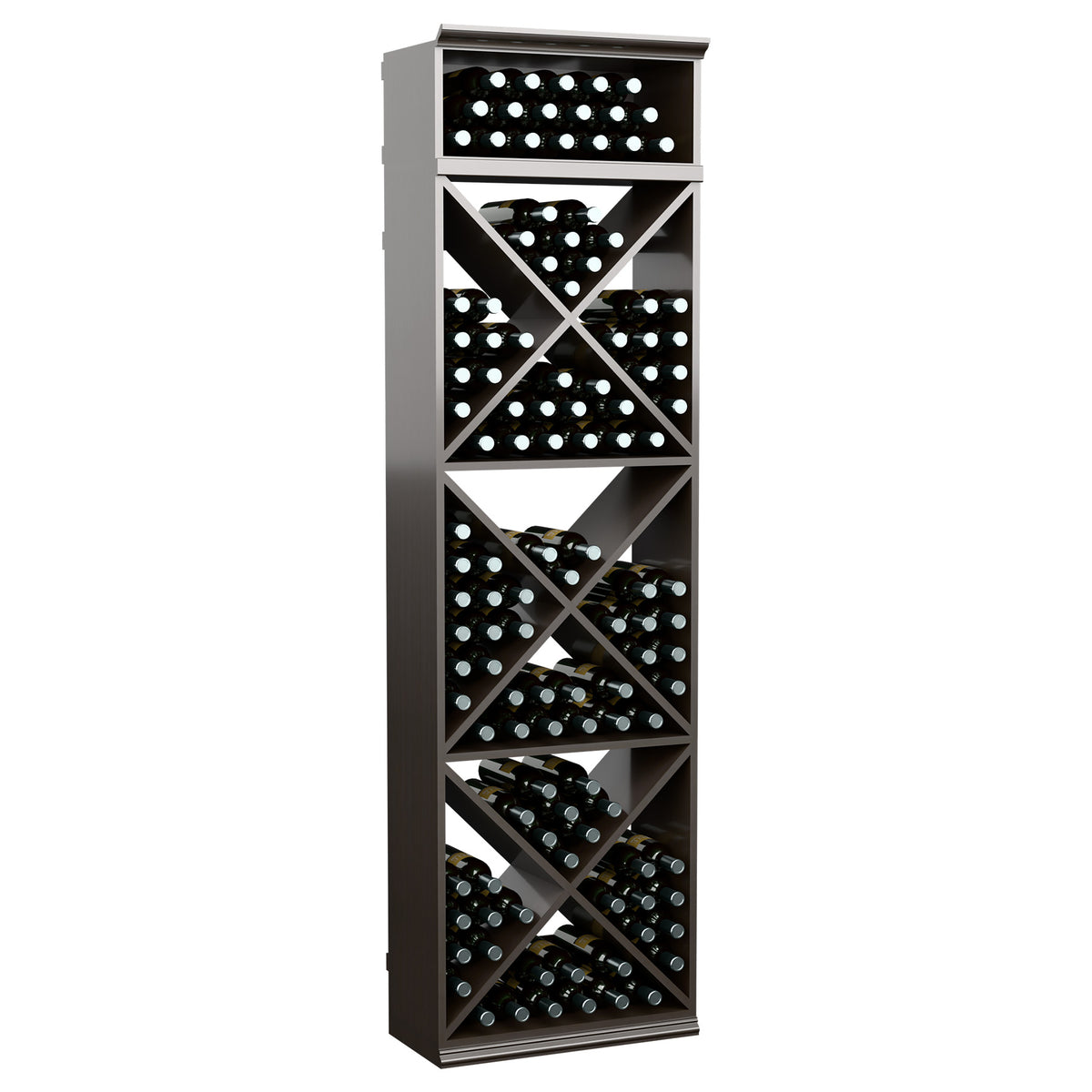 X-cube wine bottle storage rack with diagonal shelves, dark finish, vertical display
