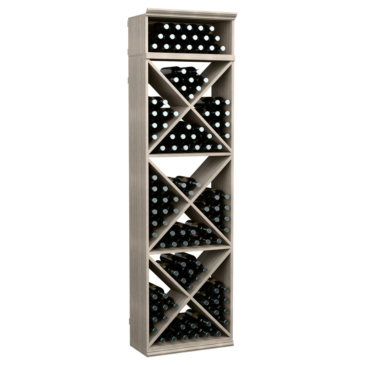 Wine bottle storage rack with X-crisscross shelves, gray-stained wood finish