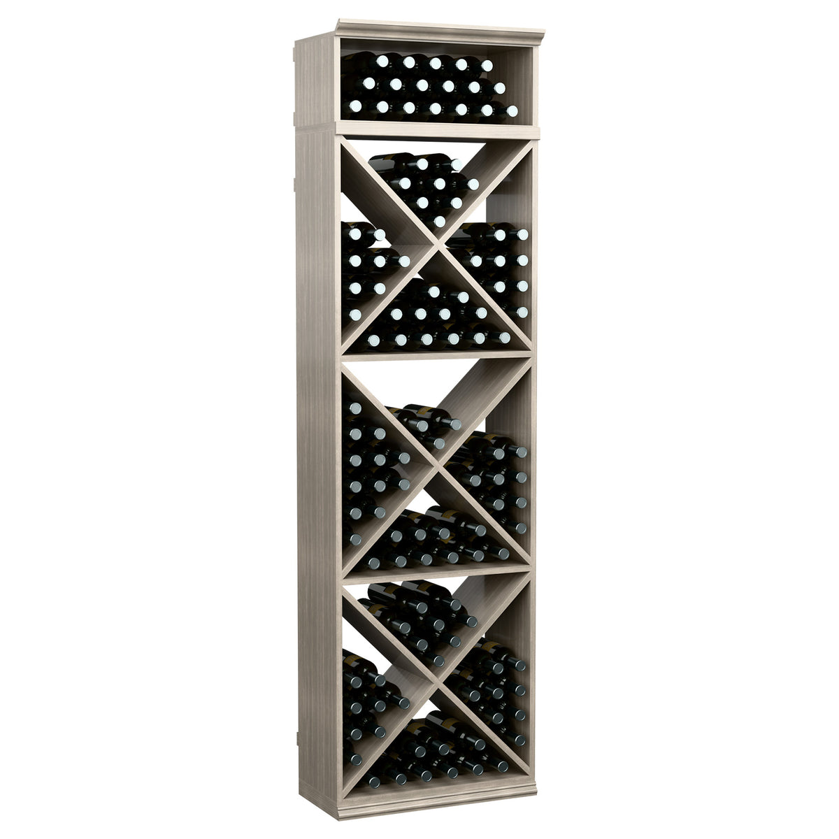 Wine bottle storage rack with X-crisscross shelves, gray wood finish with bottle slots