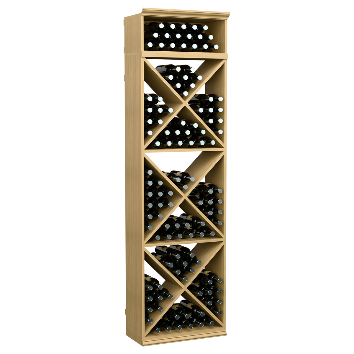 Wine bottle storage rack with X-crisscross shelves, light wood finish with bottle slots
