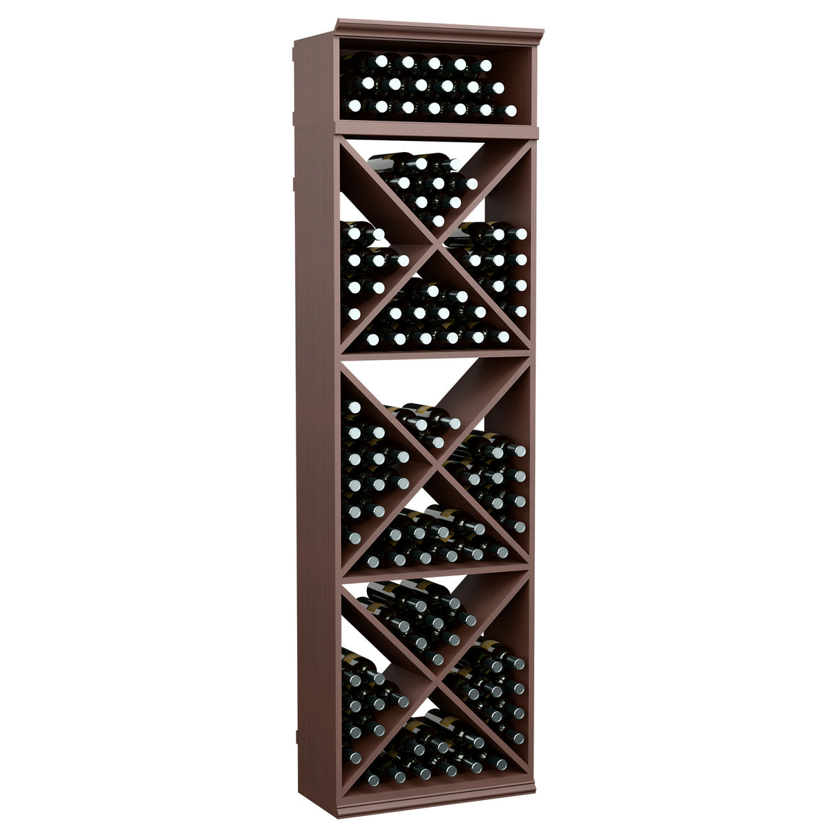 Wine bottle storage rack with X-crisscross shelves, dark brown wood finish