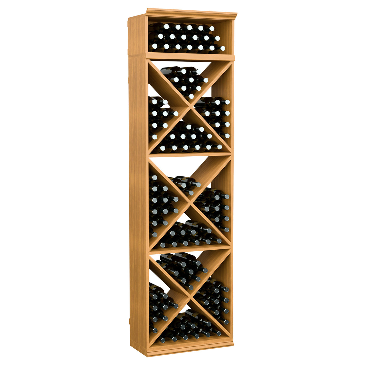 Wine bottle storage rack with X-crisscross shelves, warm tan wood finish with bottle slots
