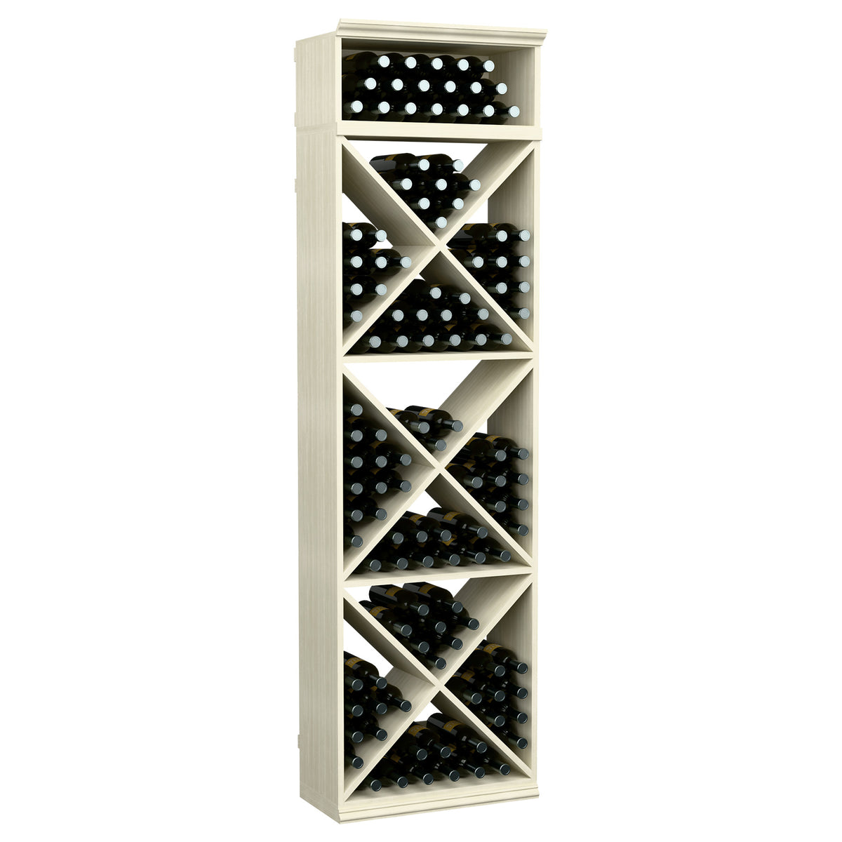 Wine bottle storage rack with X-crisscross shelves, whitewashed wood finish with bottle slots