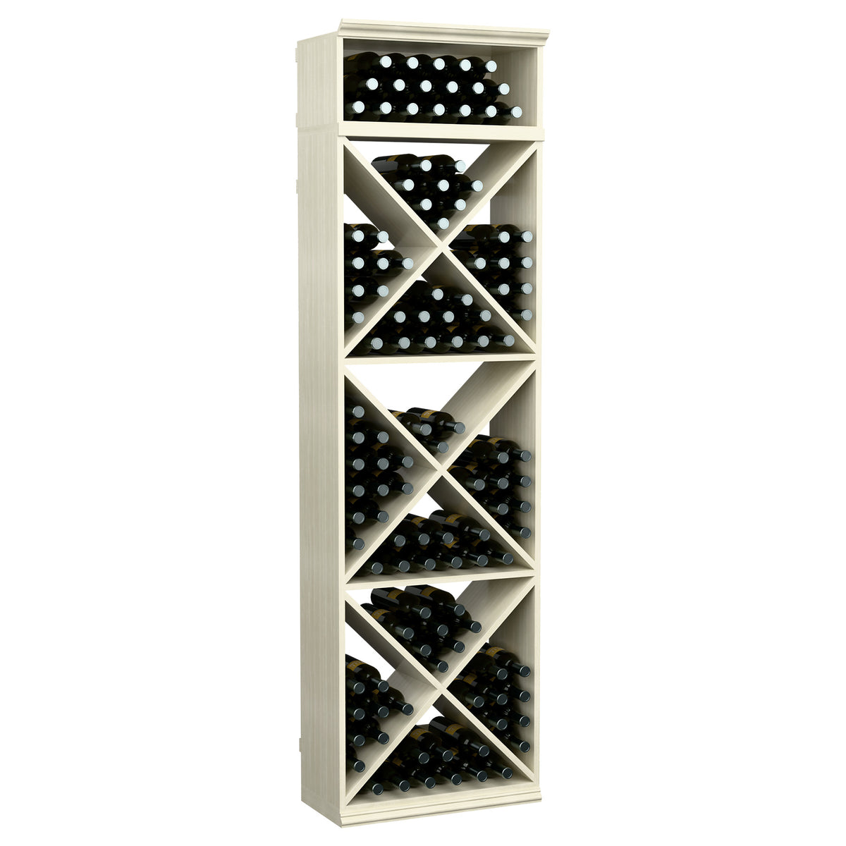 Wine bottle storage rack with X-crisscross shelves, whitewashed wood finish and grid bottle storage