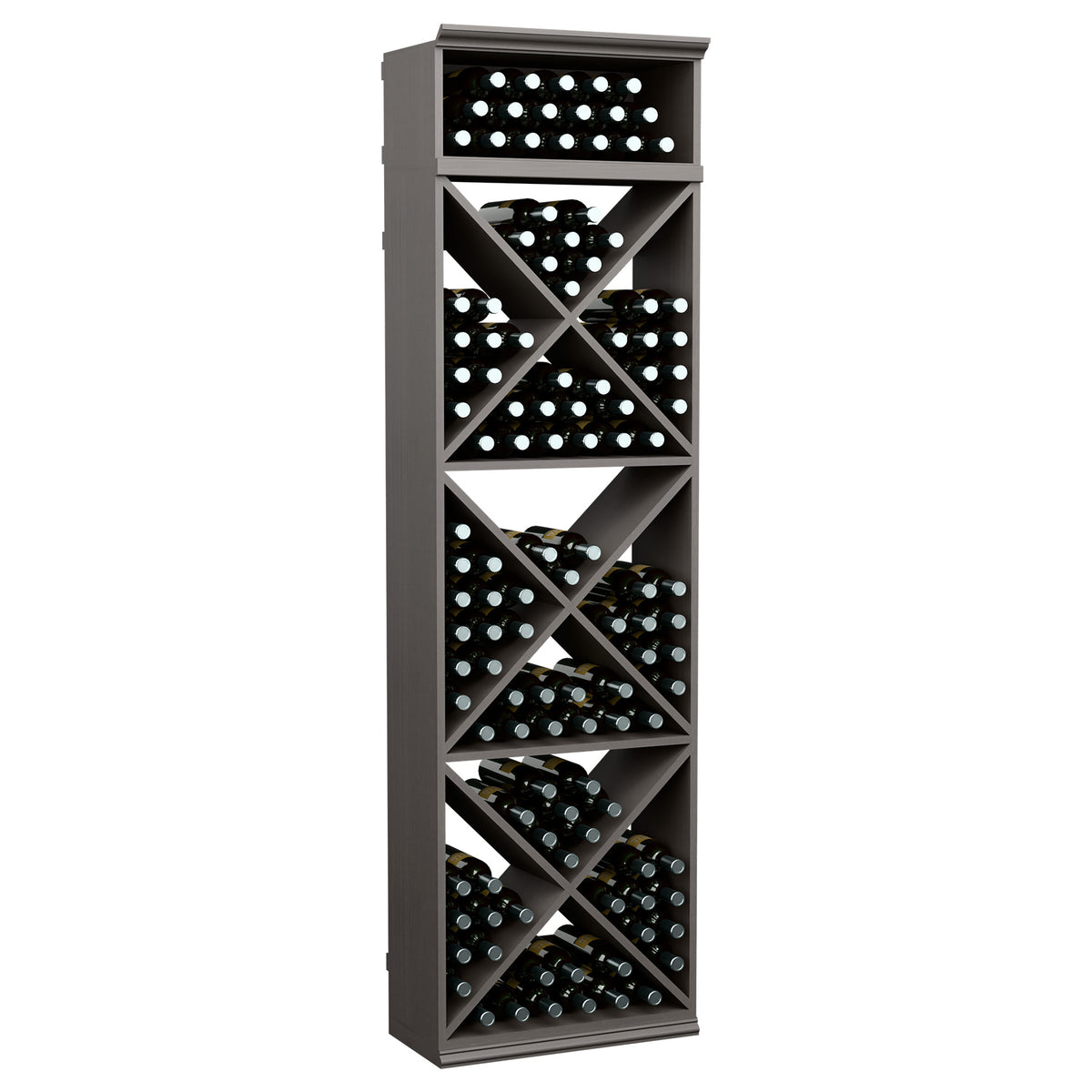 Black X-cube wine bottle storage rack with crisscross shelves, holds bottles.