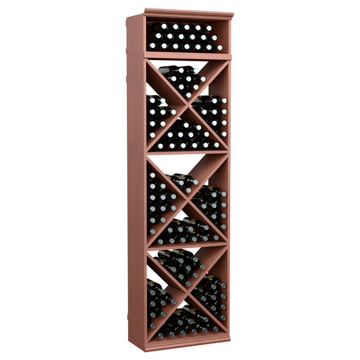 Red-brown X-cube wine bottle storage rack with crisscross shelves for bottles.