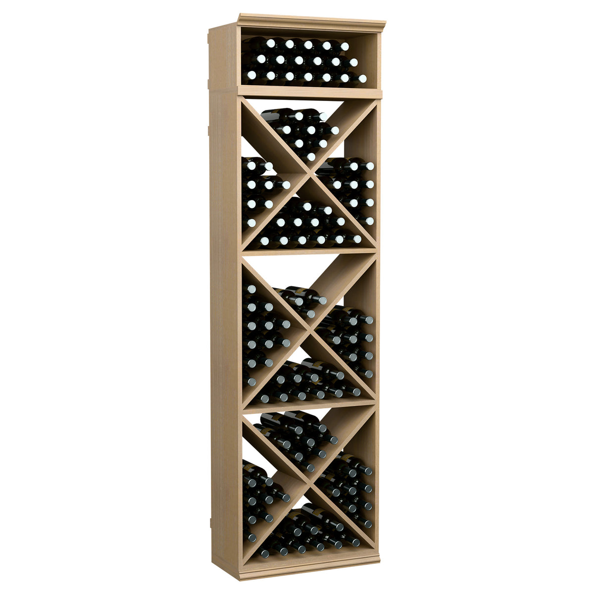 Natural light wood X-cube wine bottle storage rack with crisscross bottle slots.
