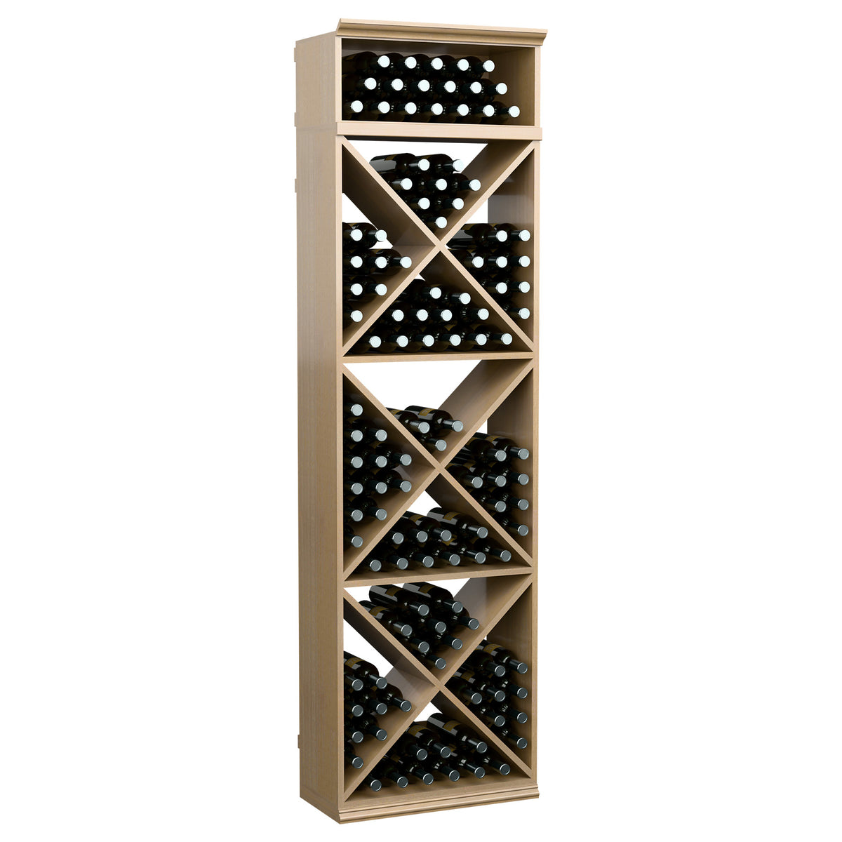 Light wood X-cube wine bottle storage rack with diagonal crisscross shelves.