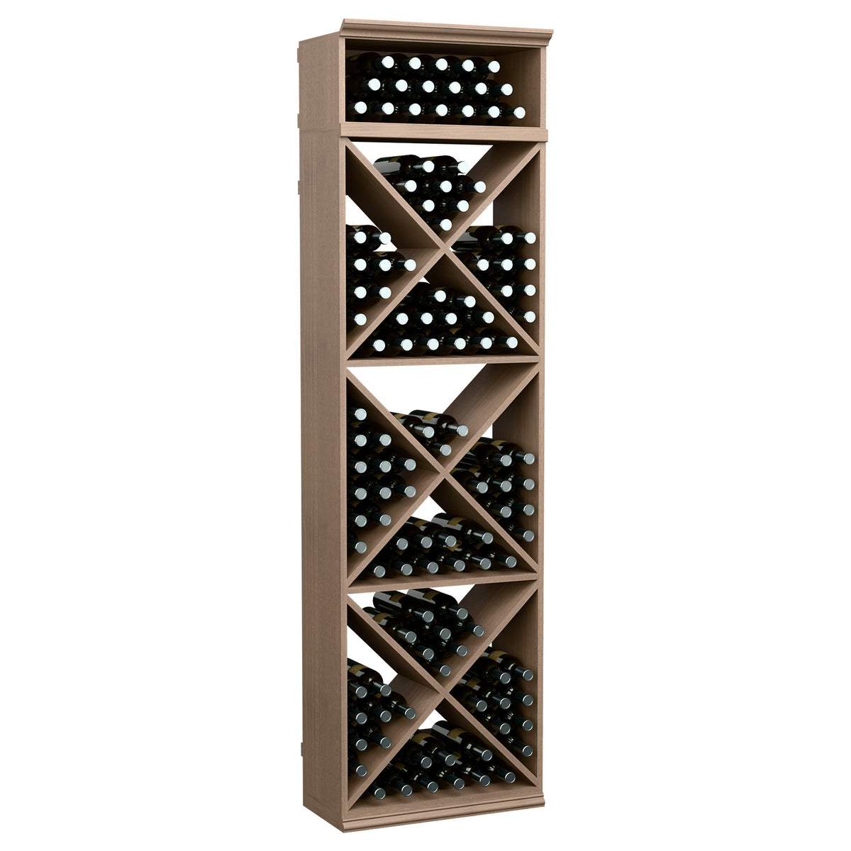 Light wood X-cube wine bottle storage rack with crisscross shelving for bottles.