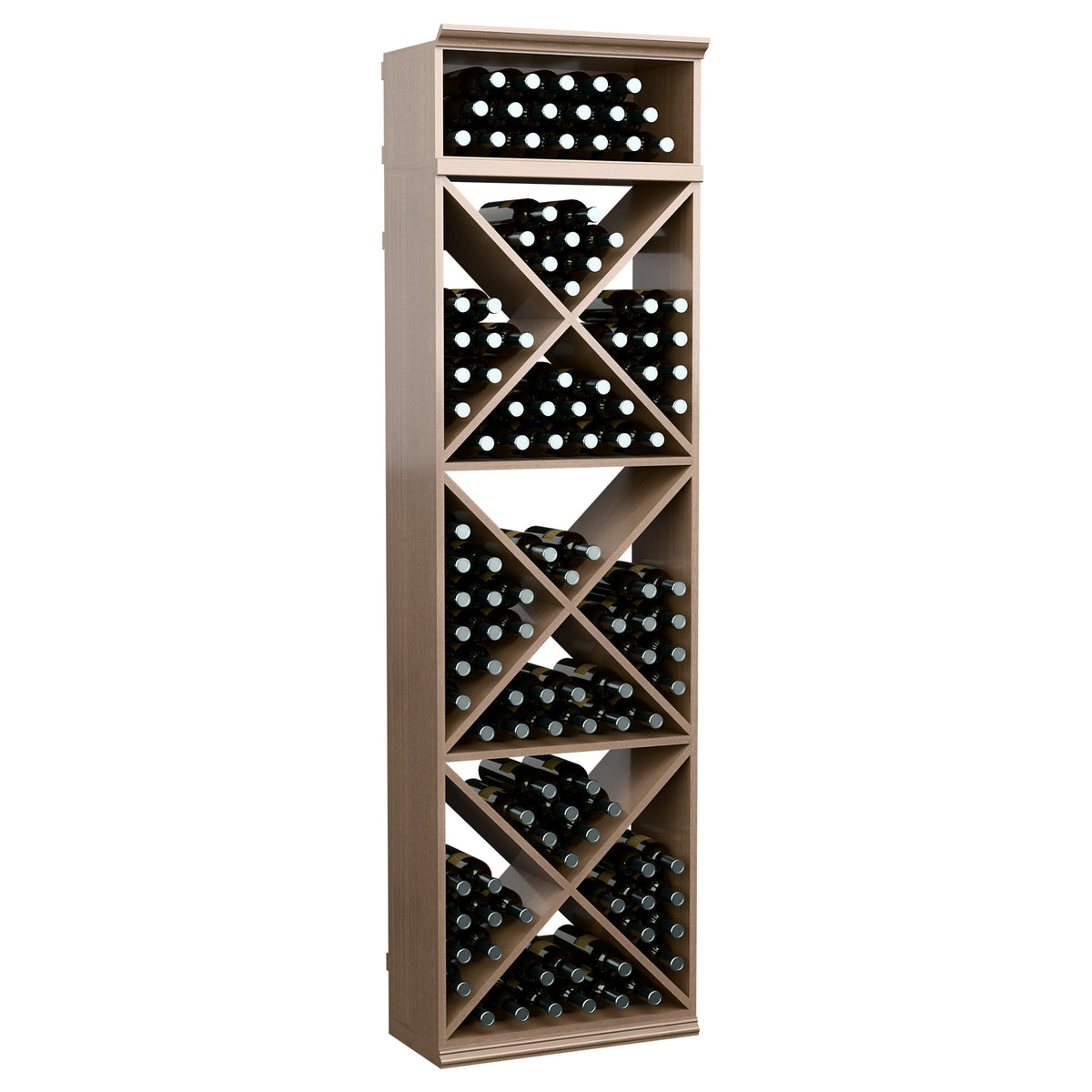 Light wood X-cube wine bottle storage rack with diagonal bottle storage compartments.