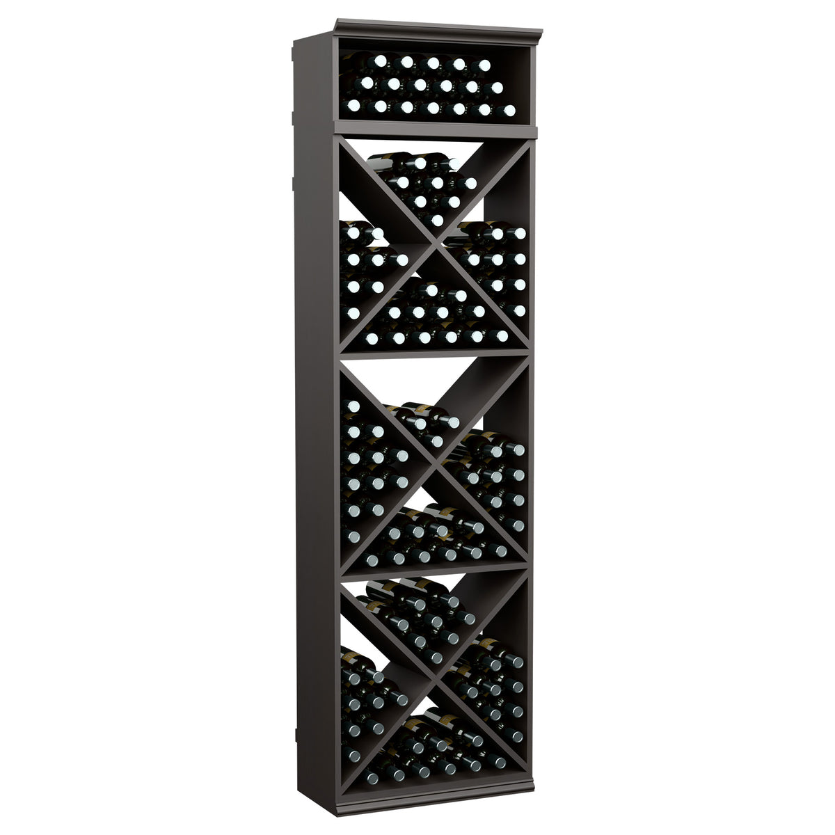 Dark charcoal X-cube wine bottle storage rack with crisscross shelves.