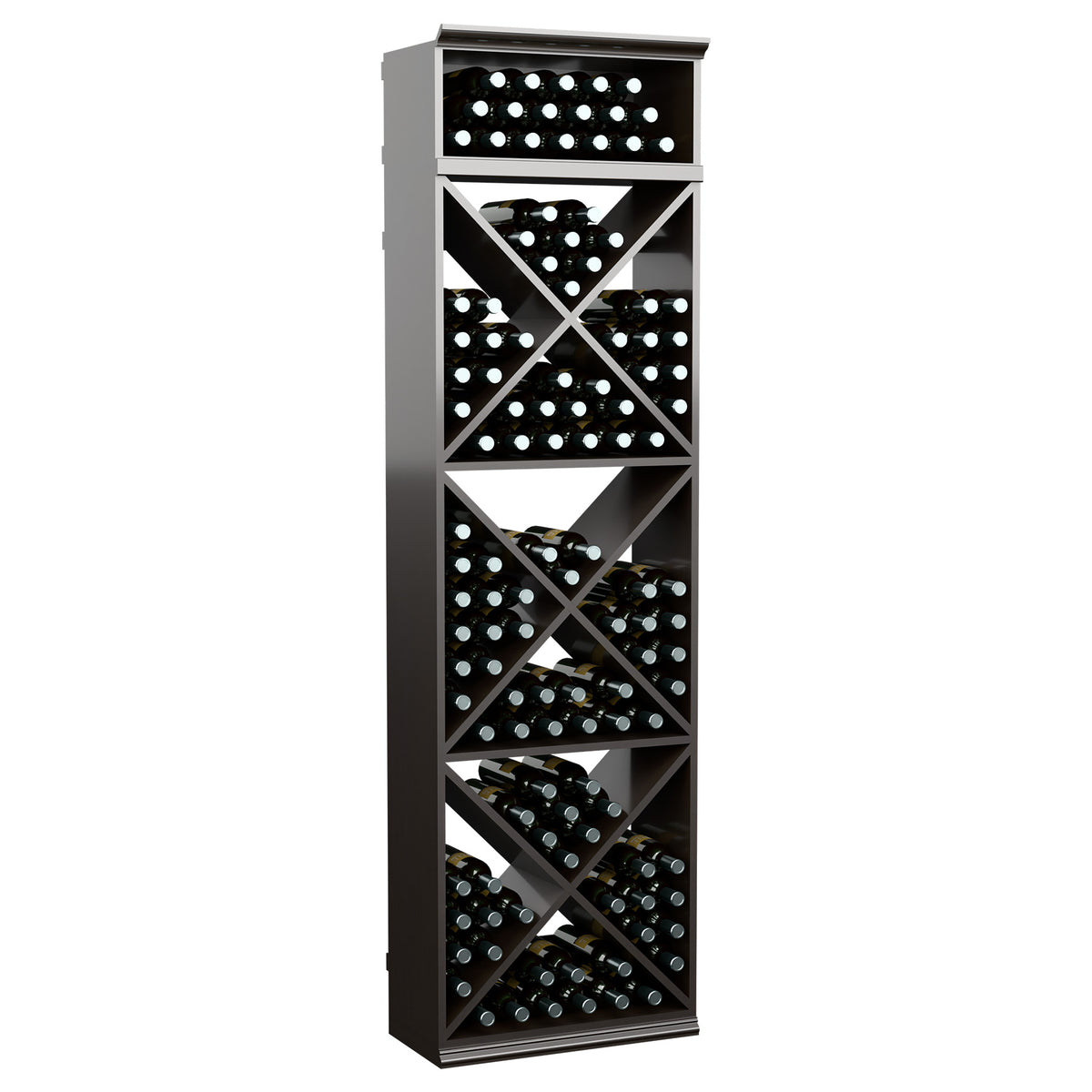 Dark charcoal X-cube wine bottle storage rack with diagonal bottle slots and shelves.