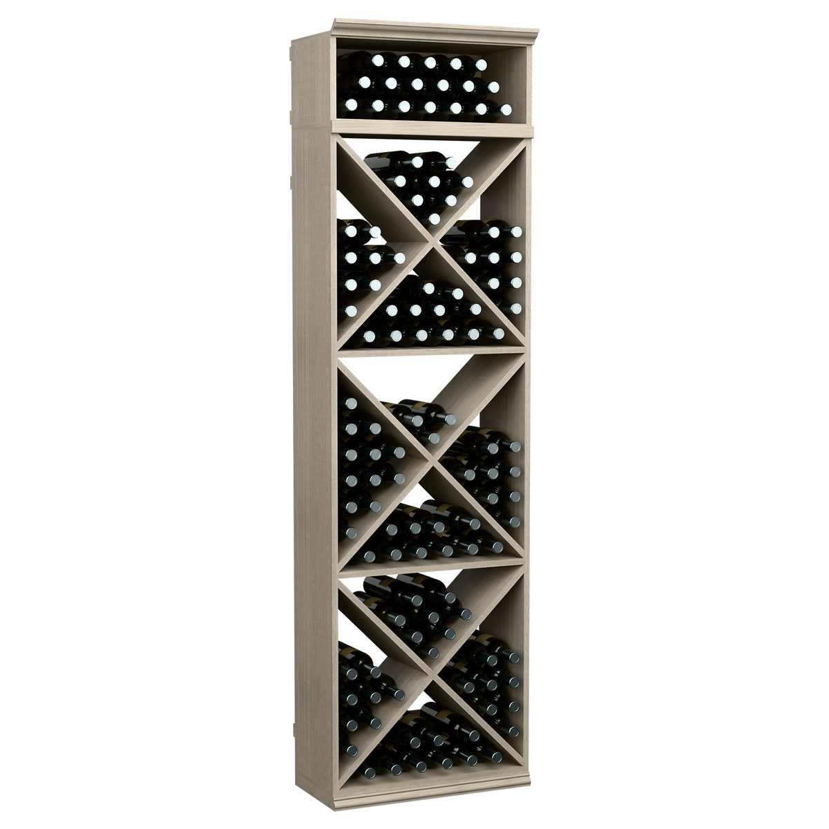 Gray wine bottle storage rack with X-cube dividers and top bottle openings
