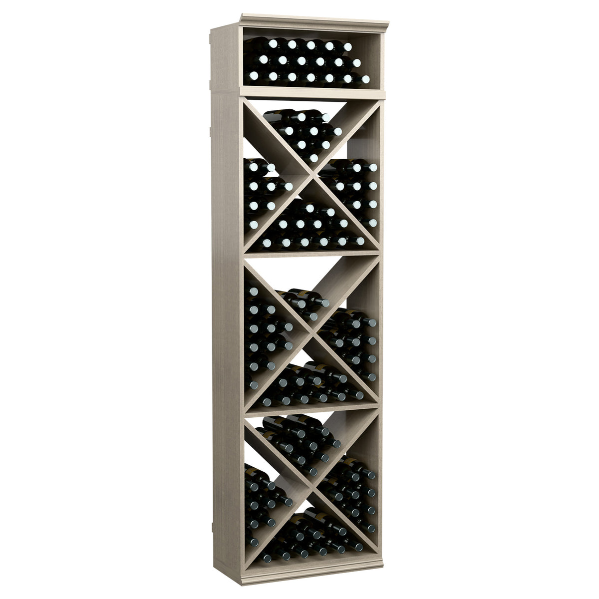 Gray wine bottle rack with crisscross X-cube compartments for bottles
