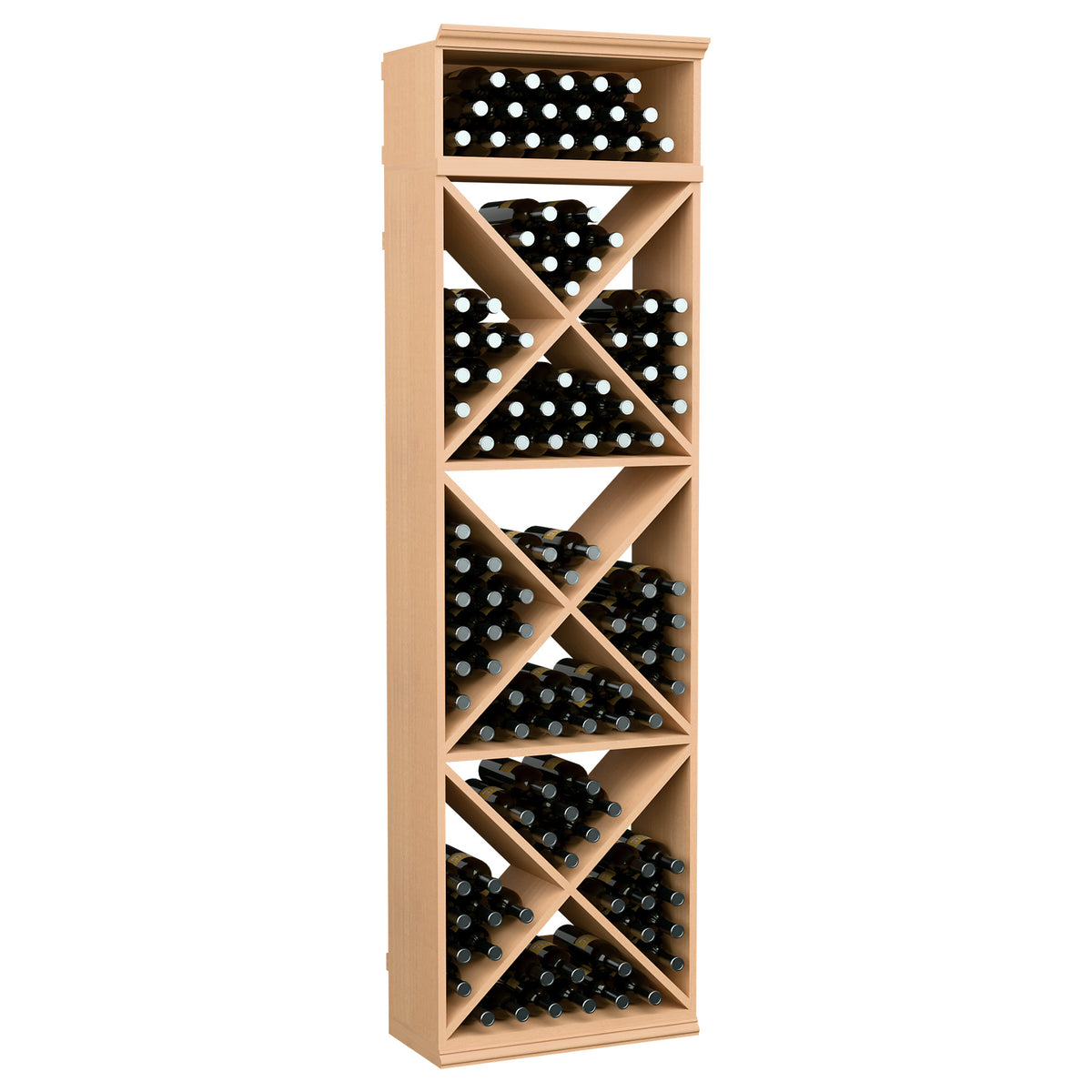 Light wood wine bottle storage rack with X-cube crisscross dividers