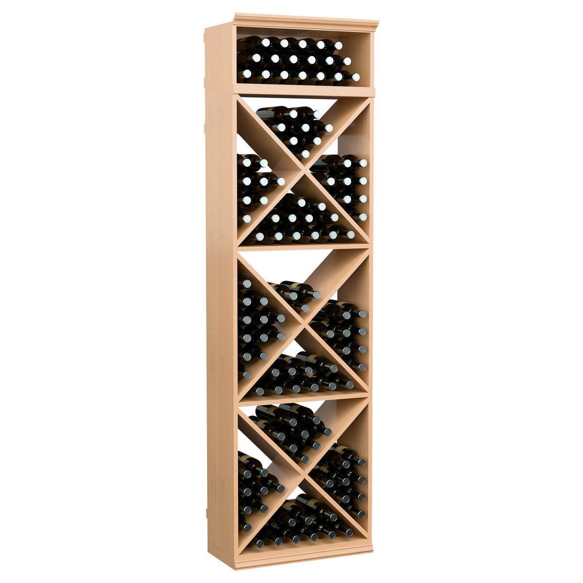 Light pine-style wine bottle rack with X-cube compartments and bottle slots