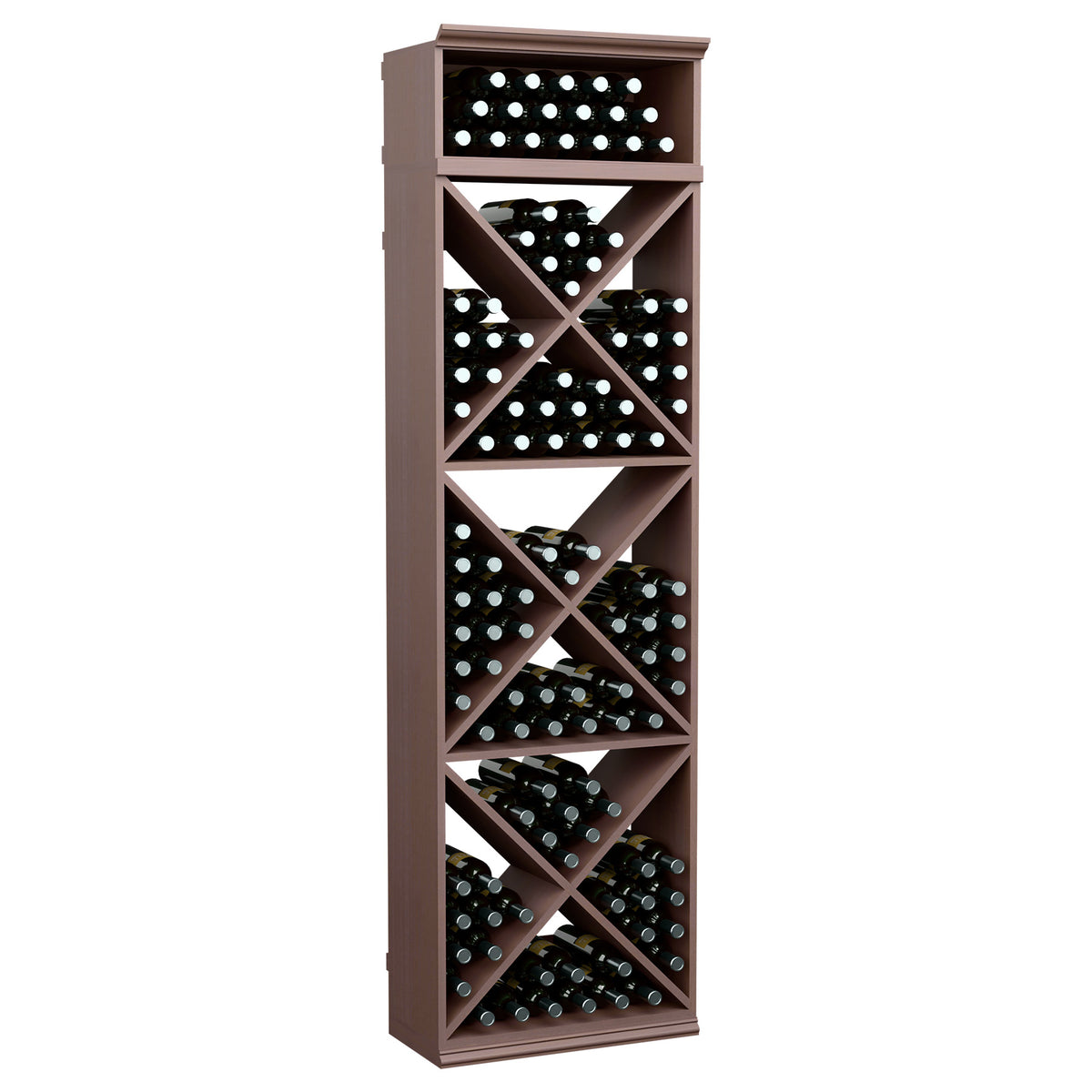 Dark wood wine bottle storage rack with X-cube dividers and top bottle row