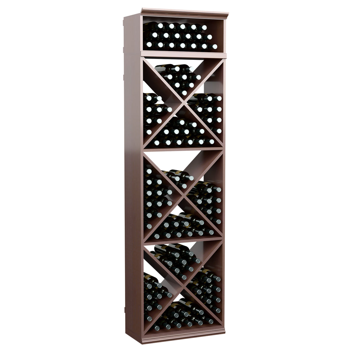Espresso-style wine bottle rack with crisscross X-cube compartments for bottles