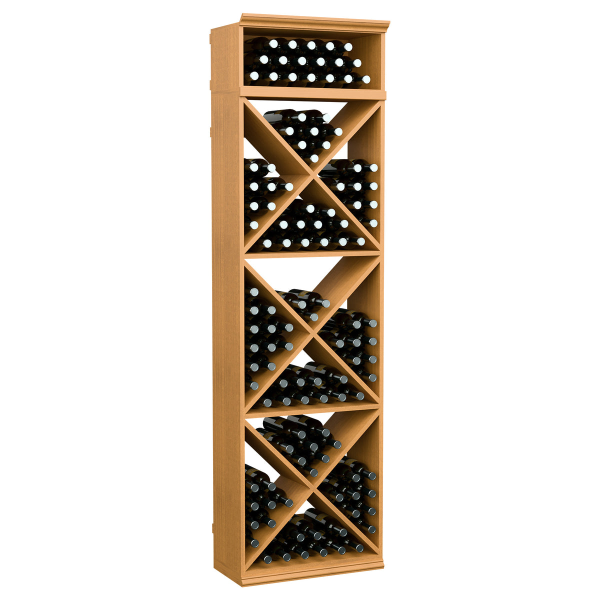 Natural wood wine bottle storage rack with X-cube crisscross bottle cubbies