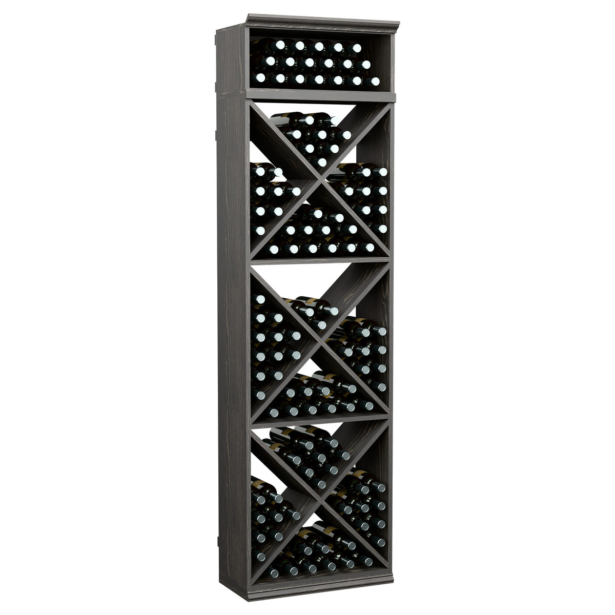 Black wine bottle storage rack with X-cube cubbies and front bottle holes